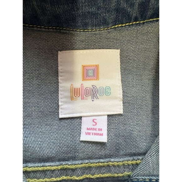 LuLaRoe Jean Jacket Size Small Southwest Aztec Boho Embroidered Blue Denim Hippi - Picture 3 of 15
